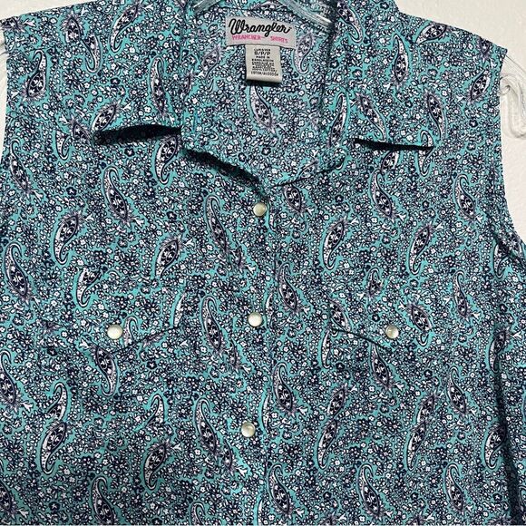 Wrangler women's snap pearl button up western rodeo blue sleeveless blouse top - Picture 6 of 6